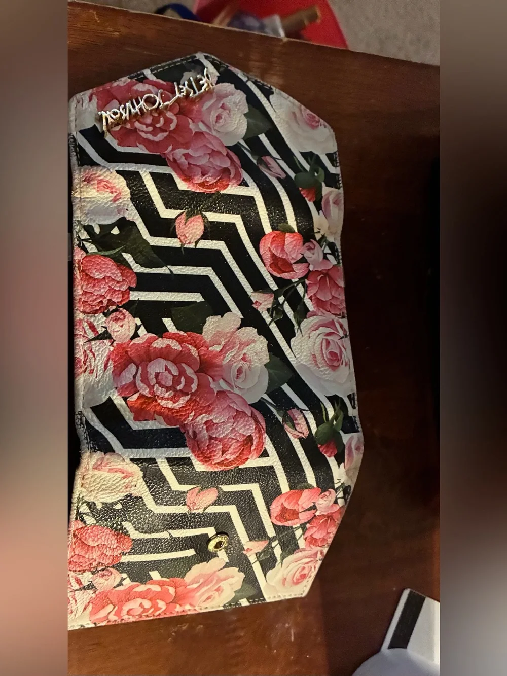 Betsey Johnson Black Floral Envelope Clutch with Pink Roses
